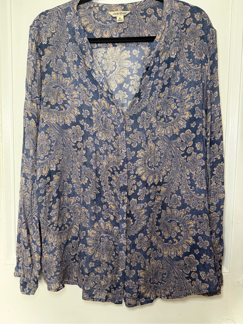 Lucky Brand Blue Paisley V-Neck Pleated Blouse - XL
